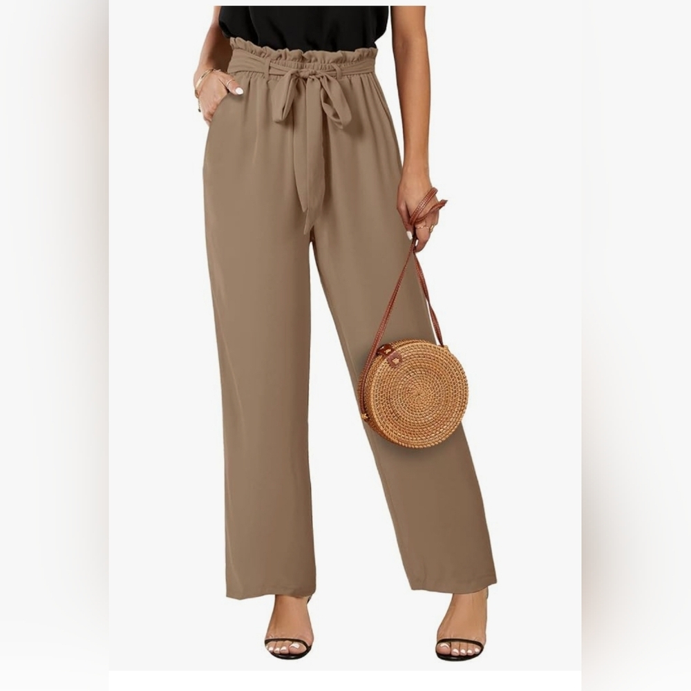Womens Loose Wide Leg Palazzo Pants High Waist Trousers Tan Sz Large